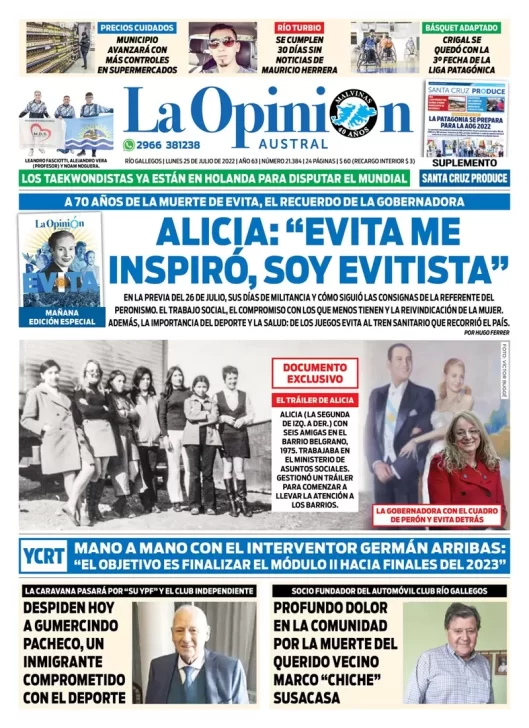 Diario La Opinión Austral tapa edición impresa del lunes 25 de julio de 2022 Río Gallegos, Santa Cruz, Argentina