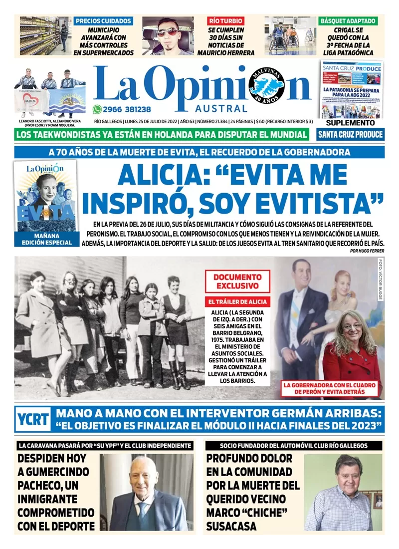 Diario La Opinión Austral tapa edición impresa del lunes 25 de julio de 2022 Río Gallegos, Santa Cruz, Argentina