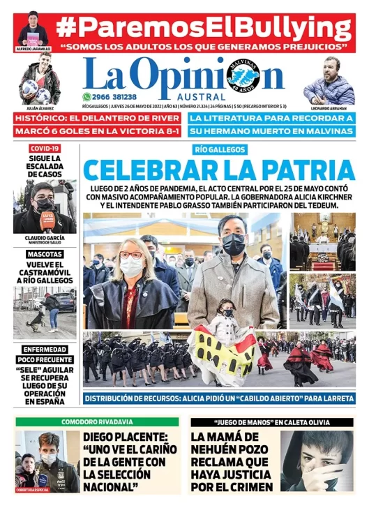 Diario La Opinión Austral tapa edición impresa del jueves 26 de mayo de 2022 Río Gallegos, Santa Cruz, Argentina
