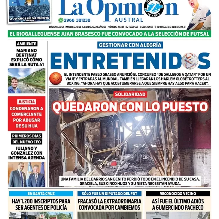 Diario La Opinión Austral tapa edición impresa del martes 26 de julio de 2022 Río Gallegos, Santa Cruz, Argentina
