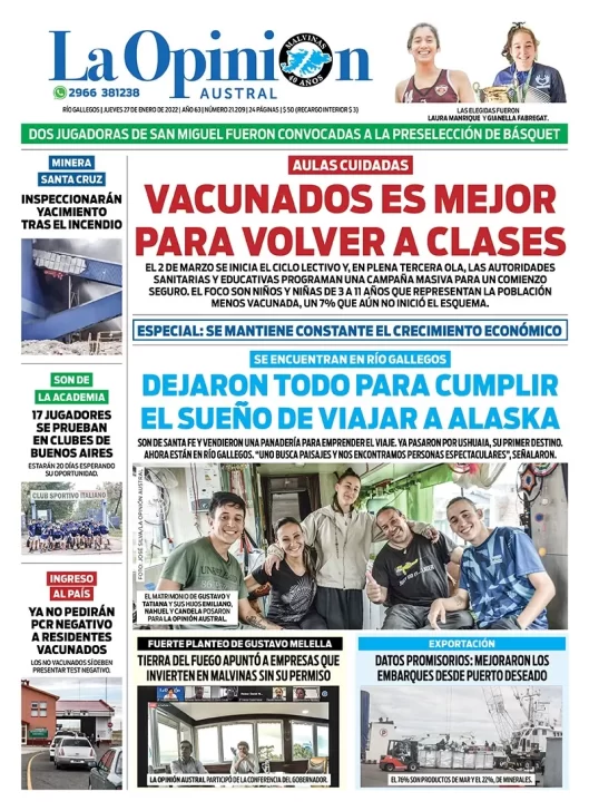 Diario La Opinión Austral tapa edición impresa del 27 de enero de 2022 Río Gallegos, Santa Cruz, Argentina