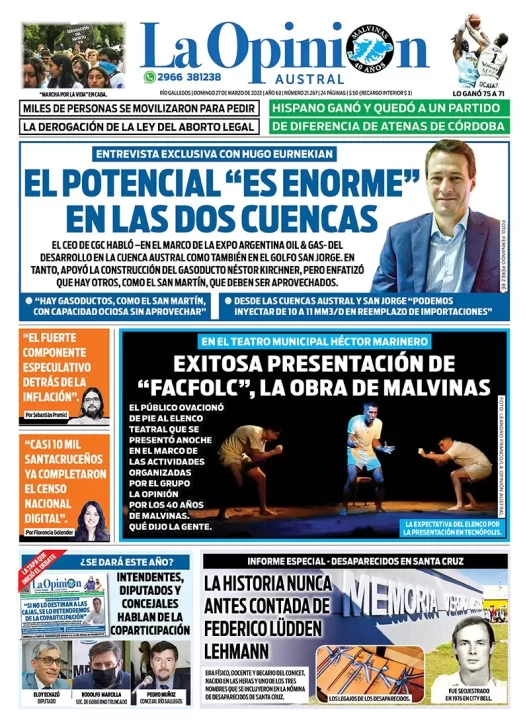 Diario La Opinión Austral tapa edición impresa del domingo 27 de marzo de 2022 Río Gallegos, Santa Cruz, Argentina