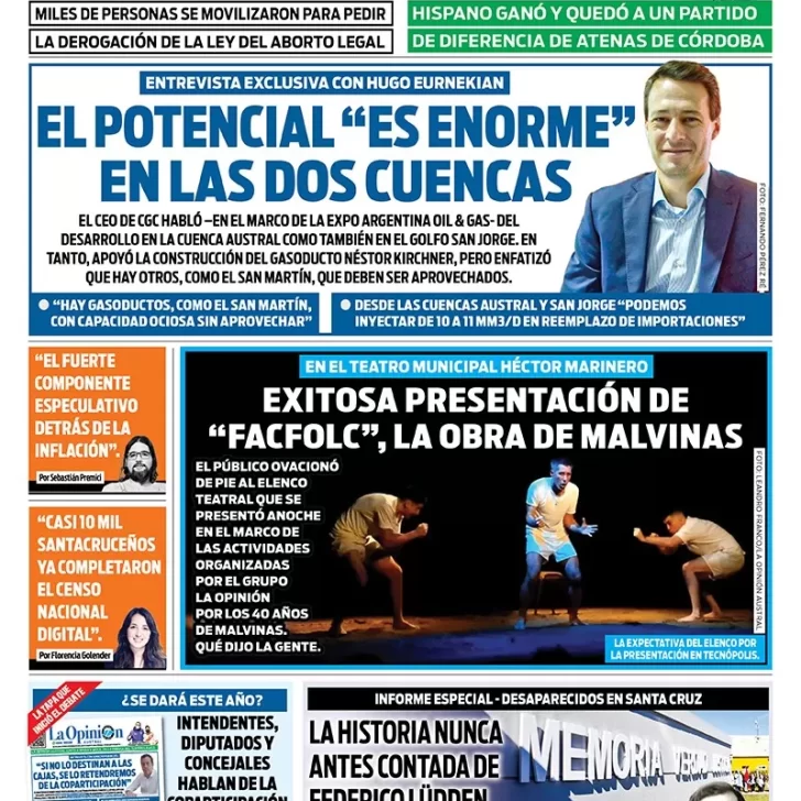 Diario La Opinión Austral tapa edición impresa del domingo 27 de marzo de 2022 Río Gallegos, Santa Cruz, Argentina