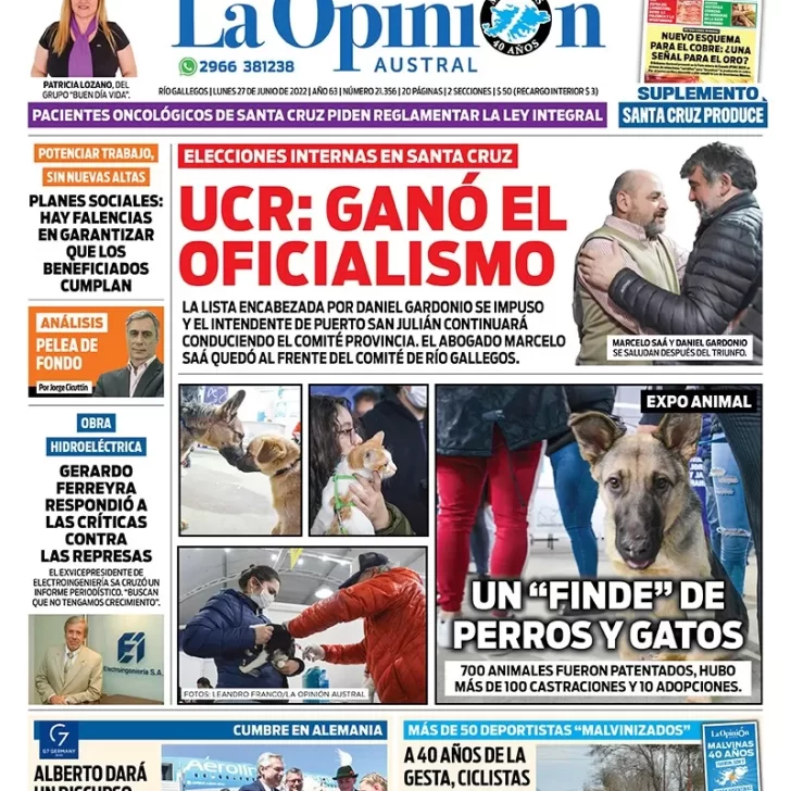 Diario La Opinión Austral tapa edición impresa del lunes 27 de junio de 2022 Río Gallegos, Santa Cruz, Argentina