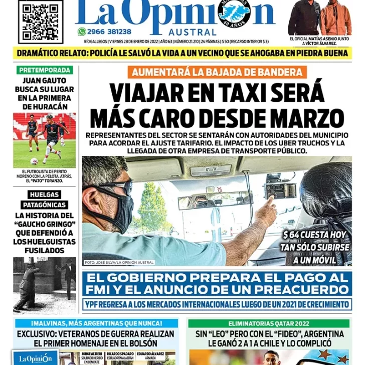 Diario La Opinión Austral tapa edición impresa del 28 de enero de 2022 Río Gallegos, Santa Cruz, Argentina