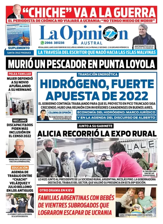 Diario La Opinión Austral tapa edición impresa del lunes 28 de febrero de 2022 Río Gallegos, Santa Cruz, Argentina