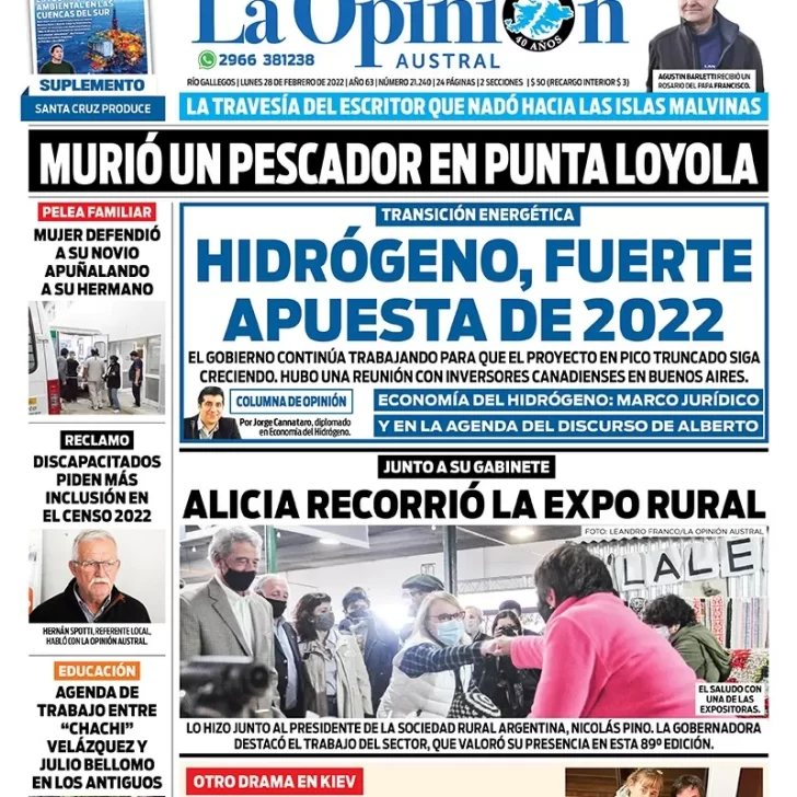 Diario La Opinión Austral tapa edición impresa del lunes 28 de febrero de 2022 Río Gallegos, Santa Cruz, Argentina