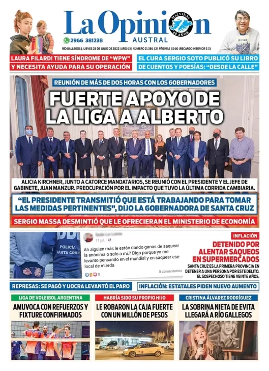 Diario La Opinión Austral tapa edición impresa del jueves 28 de julio de 2022 Río Gallegos, Santa Cruz, Argentina