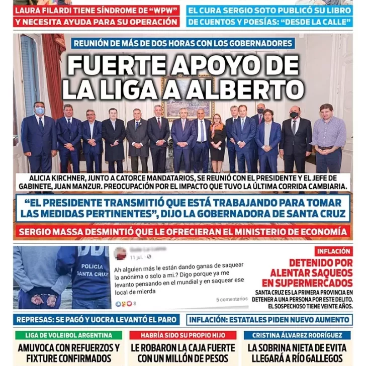 Diario La Opinión Austral tapa edición impresa del jueves 28 de julio de 2022 Río Gallegos, Santa Cruz, Argentina