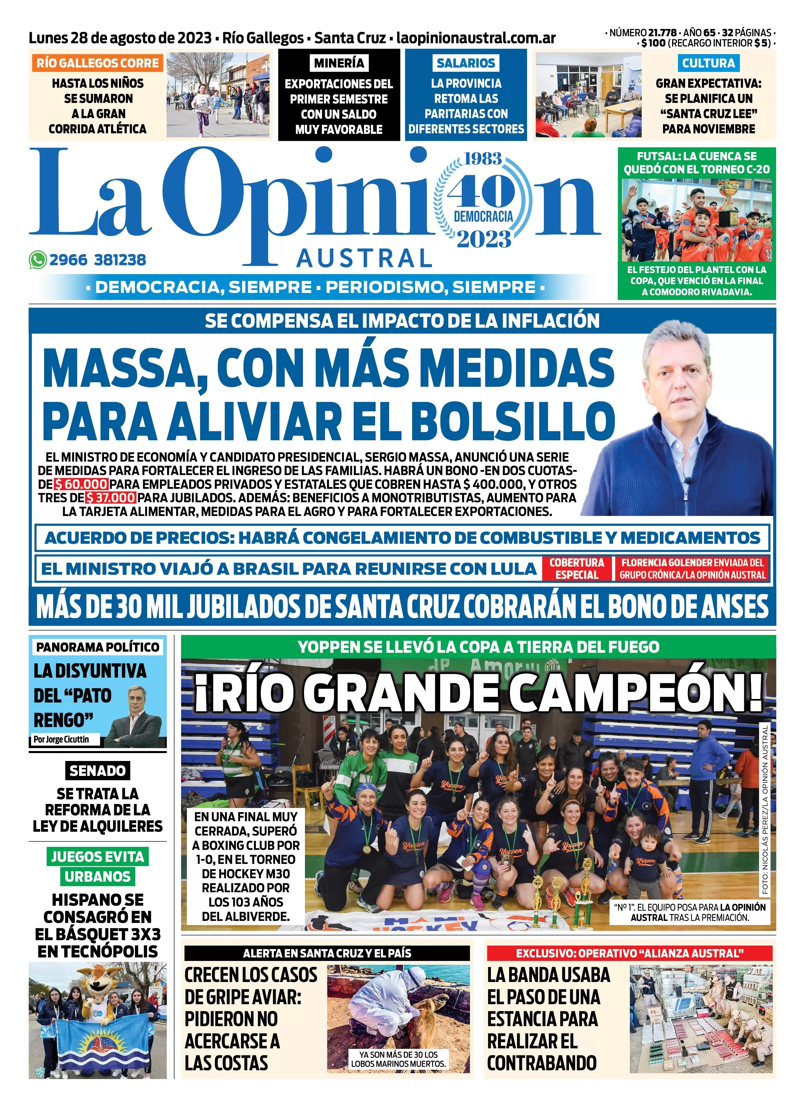 Diario La Opinión Austral tapa edición impresa del lunes 28 de agosto de 2023, Río Gallegos, Santa Cruz, Argentina