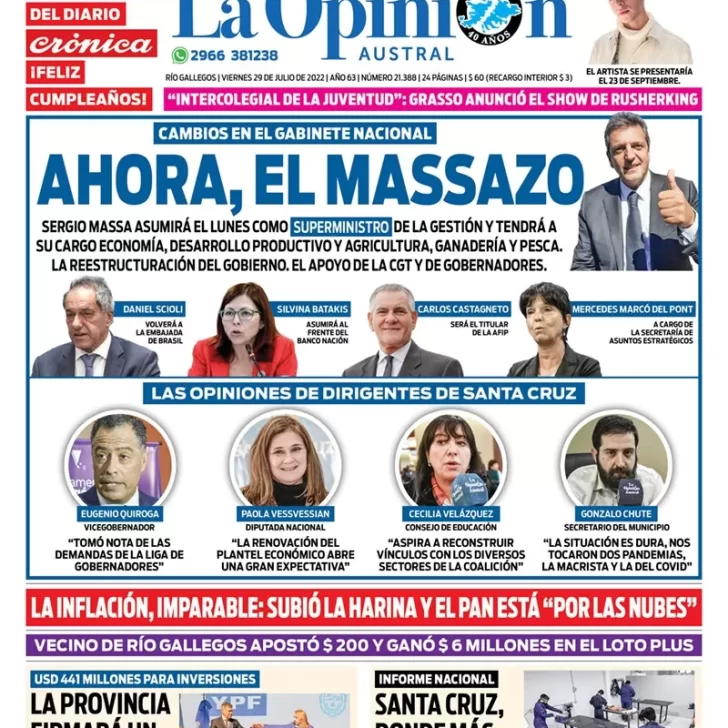 Diario La Opinión Austral tapa edición impresa del viernes 29 de julio de 2022 Río Gallegos, Santa Cruz, Argentina