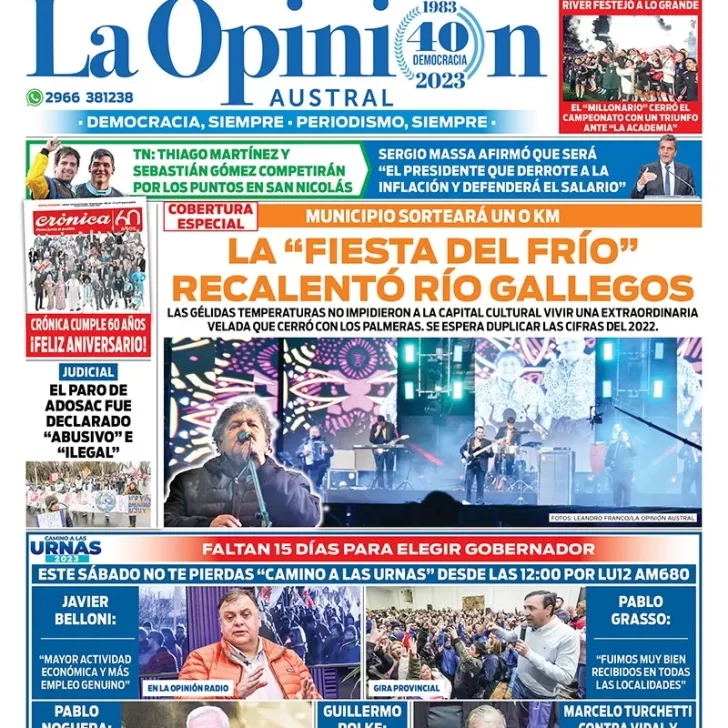 Diario La Opinión Austral tapa edición impresa del sábado 29 de julio de 2023, Río Gallegos, Santa Cruz, Argentina