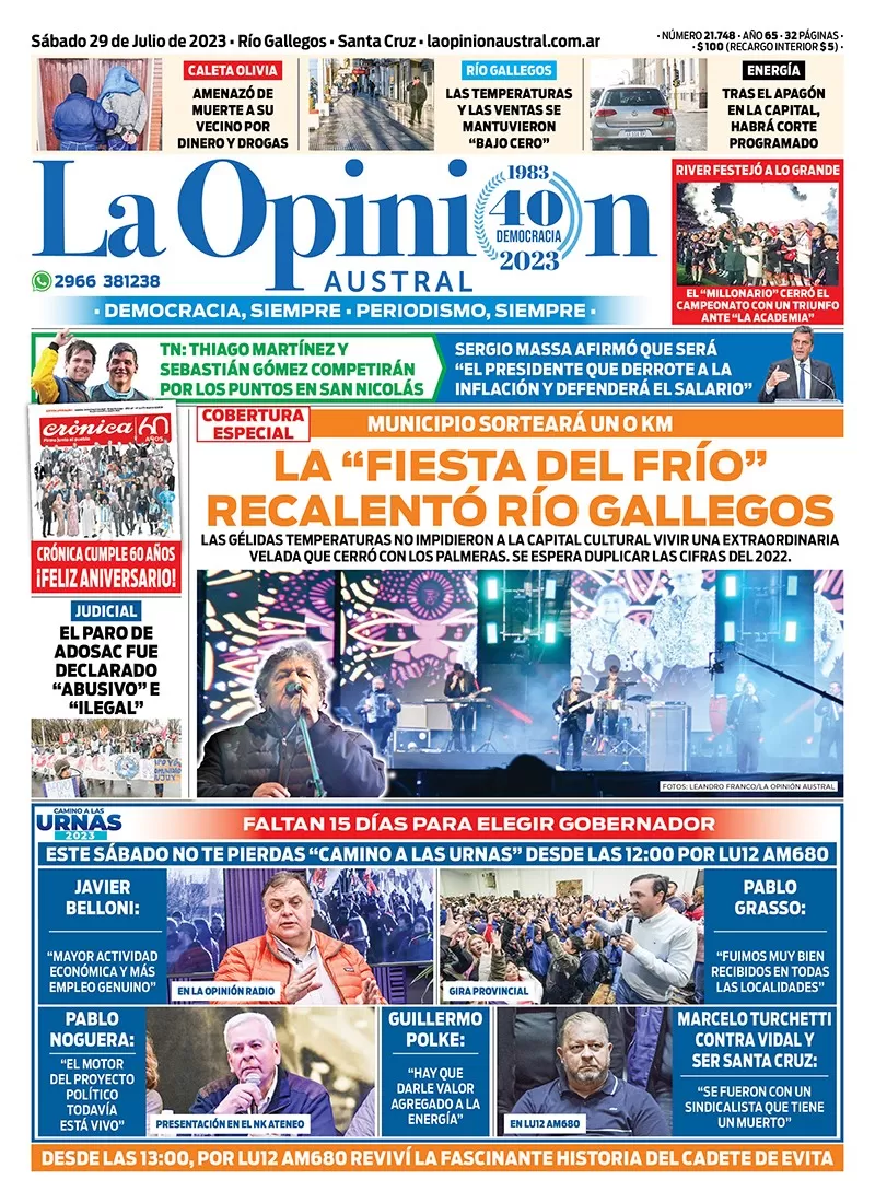 Diario La Opinión Austral tapa edición impresa del sábado 29 de julio de 2023, Río Gallegos, Santa Cruz, Argentina
