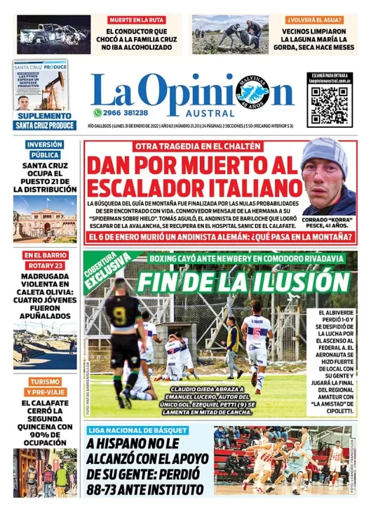 Diario La Opinión Austral tapa edición impresa del 31 de enero de 2022 Río Gallegos, Santa Cruz, Argentina