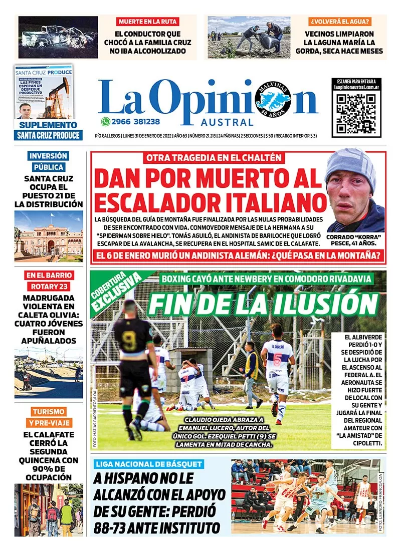 Diario La Opinión Austral tapa edición impresa del 31 de enero de 2022 Río Gallegos, Santa Cruz, Argentina