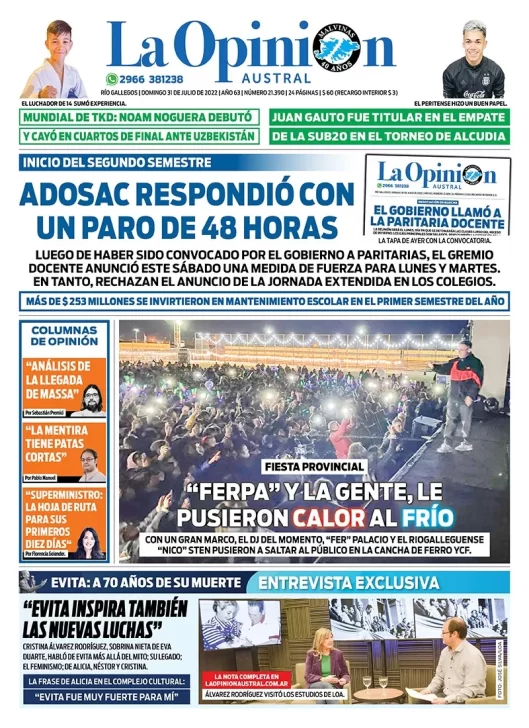 Diario La Opinión Austral tapa edición impresa del domingo 31 de julio de 2022 Río Gallegos, Santa Cruz, Argentina