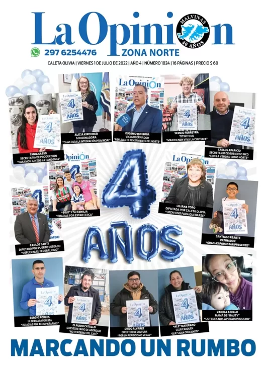 Diario La Opinión Zona Norte tapa edición impresa del viernes 1 de julio de 2022 Caleta Olivia, Santa Cruz, Argentina