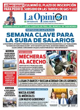 Diario La Opinión Zona Norte tapa edición impresa del lunes 1 de agosto de 2022 Caleta Olivia, Santa Cruz, Argentina Diario La Opinión Zona Norte tapa edición impresa del lunes 1 de agosto de 2022 Caleta Olivia, Santa Cruz, Argentina