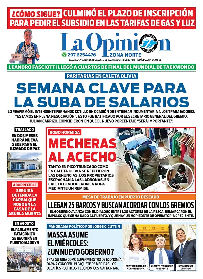 Diario La Opinión Zona Norte tapa edición impresa del lunes 1 de agosto de 2022 Caleta Olivia, Santa Cruz, Argentina