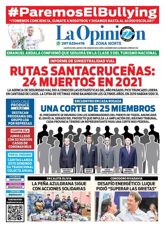 Diario La Opinión Zona Norte tapa edición impresa del jueves 2 de junio de 2022 Caleta Olivia, Santa Cruz, Argentina