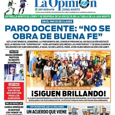 Diario La Opinión Zona Norte tapa edición impresa del martes 2 de agosto de 2022 Caleta Olivia, Santa Cruz, Argentina