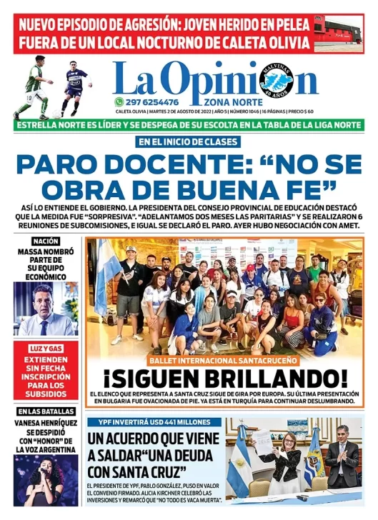 Diario La Opinión Zona Norte tapa edición impresa del martes 2 de agosto de 2022 Caleta Olivia, Santa Cruz, Argentina