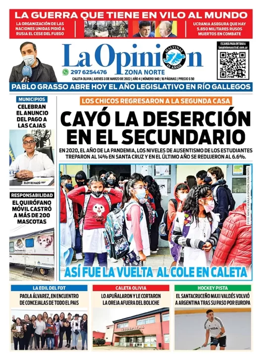 Diario La Opinión Zona Norte Tapa Edición Impresa Del Jueves 3 De Marzo De 2022 Caleta Olivia