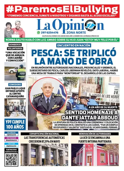 Diario La Opinión Zona Norte tapa edición impresa del viernes 3 de junio de 2022 Caleta Olivia, Santa Cruz, Argentina