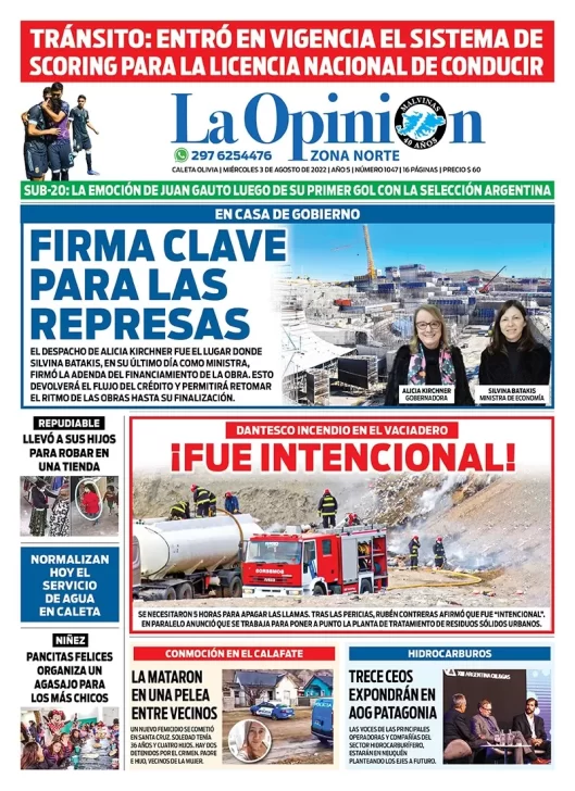 Diario La Opinión Zona Norte tapa edición impresa del miércoles 3 de agosto de 2022 Caleta Olivia, Santa Cruz, Argentina