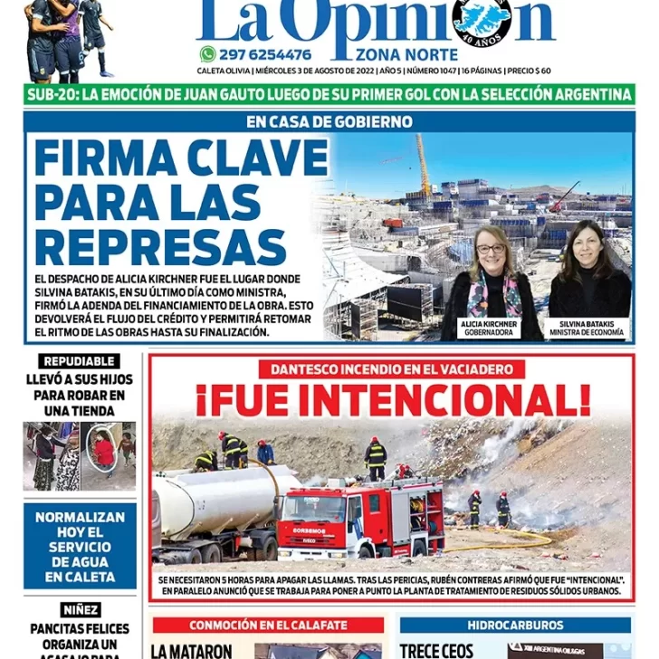 Diario La Opinión Zona Norte tapa edición impresa del miércoles 3 de agosto de 2022 Caleta Olivia, Santa Cruz, Argentina