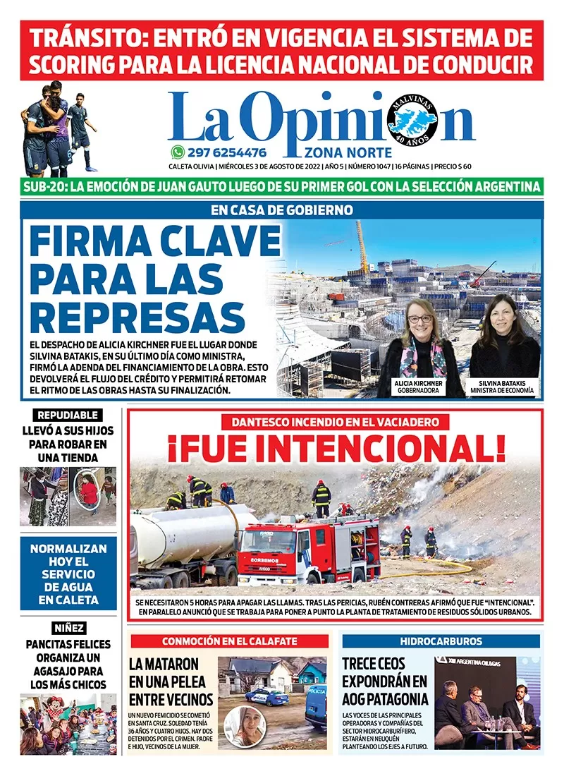 Diario La Opinión Zona Norte tapa edición impresa del miércoles 3 de agosto de 2022 Caleta Olivia, Santa Cruz, Argentina