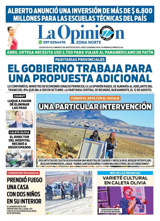 Diario La Opinión Zona Norte tapa edición impresa del viernes 5 de agosto de 2022 Caleta Olivia, Santa Cruz, Argentina