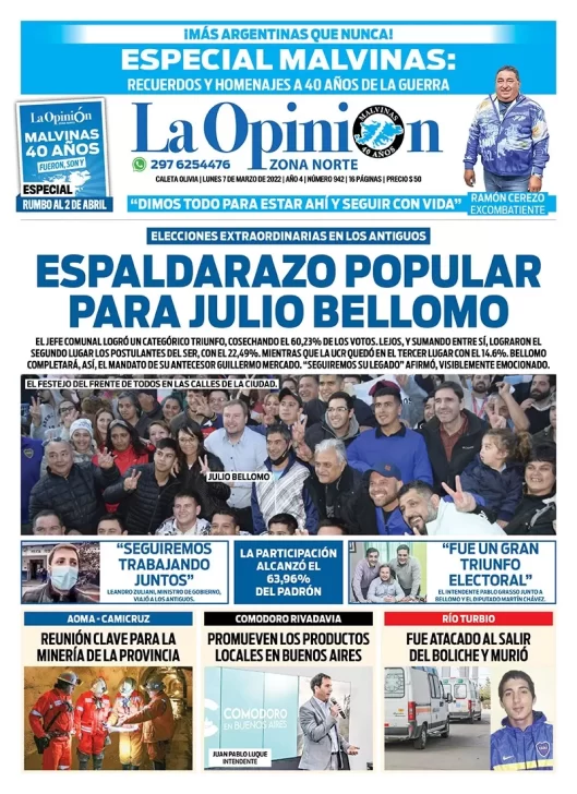 Diario La Opinión Zona Norte Tapa edición impresa del lunes 7 de marzo de 2022, Caleta Olivia, Santa Cruz, Argentina