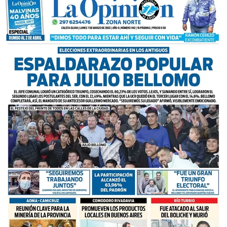 Diario La Opinión Zona Norte Tapa edición impresa del lunes 7 de marzo de 2022, Caleta Olivia, Santa Cruz, Argentina