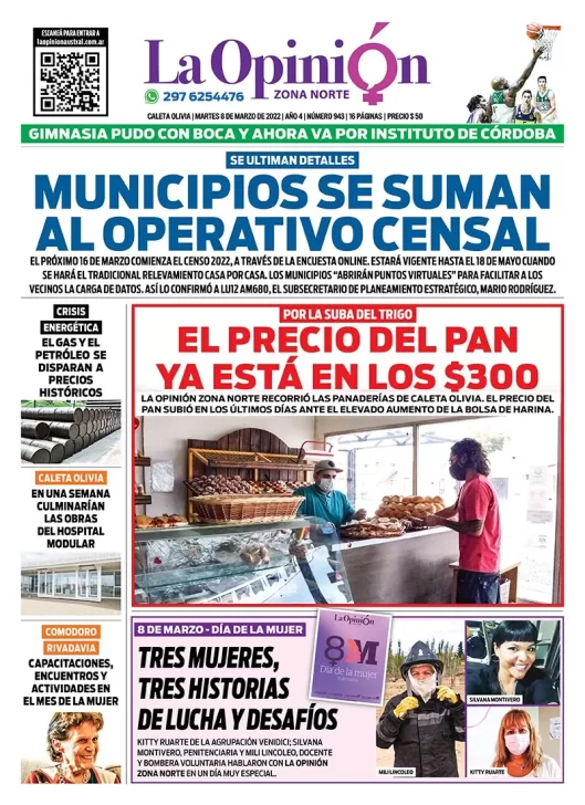 Diario La Opinión Zona Norte Tapa edición impresa del martes 8 de marzo de 2022, Caleta Olivia, Santa Cruz, Argentina Diario La Opinión Zona Norte Tapa edición impresa del martes 8 de marzo de 2022, Caleta Olivia, Santa Cruz, Argentina