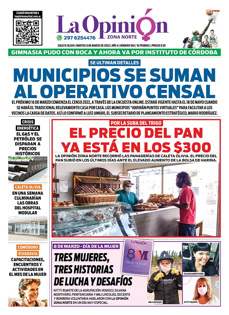Diario La Opinión Zona Norte Tapa edición impresa del martes 8 de marzo de 2022, Caleta Olivia, Santa Cruz, Argentina Diario La Opinión Zona Norte Tapa edición impresa del martes 8 de marzo de 2022, Caleta Olivia, Santa Cruz, Argentina