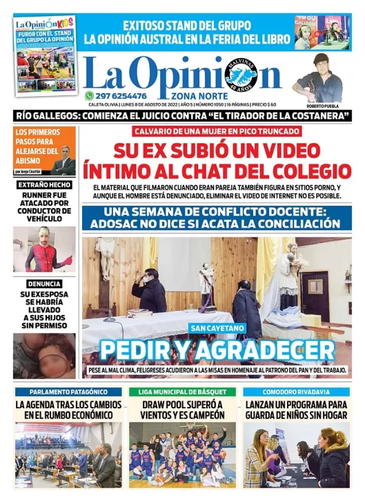 Diario La Opinión Zona Norte tapa edición impresa del lunes 8 de agosto de 2022 Caleta Olivia, Santa Cruz, Argentina