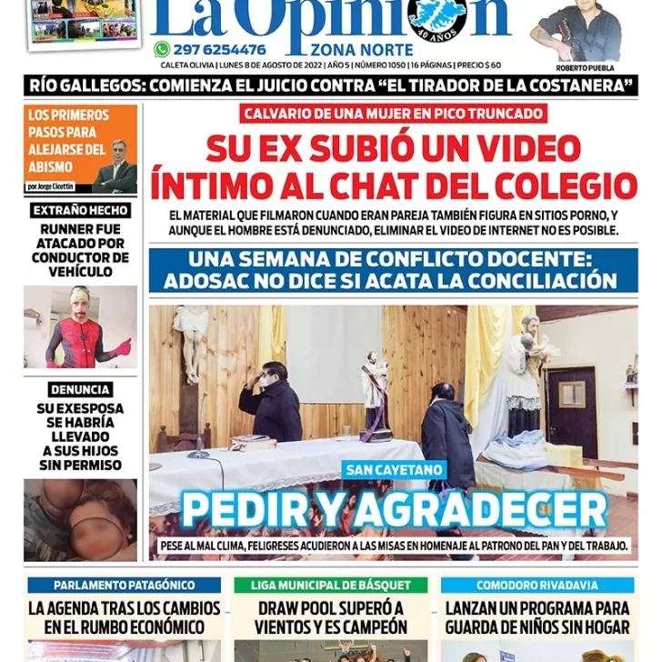 Diario La Opinión Zona Norte tapa edición impresa del lunes 8 de agosto de 2022 Caleta Olivia, Santa Cruz, Argentina