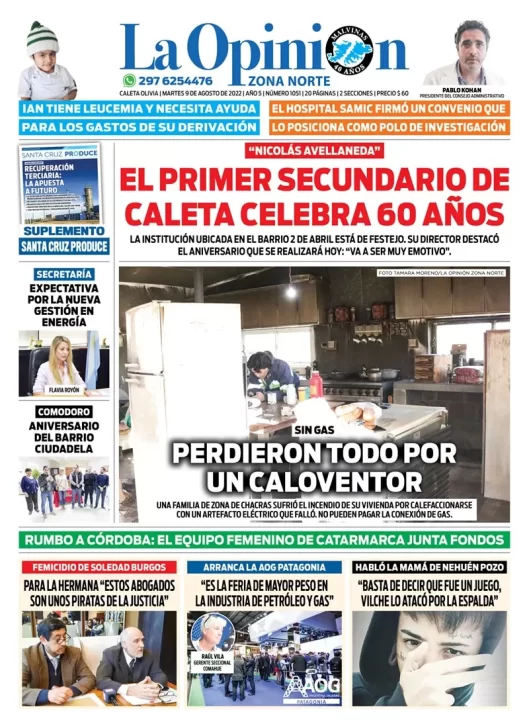 Diario La Opinión Zona Norte tapa edición impresa del martes 9 de agosto de 2022 Caleta Olivia, Santa Cruz, Argentina