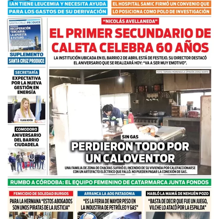 Diario La Opinión Zona Norte tapa edición impresa del martes 9 de agosto de 2022 Caleta Olivia, Santa Cruz, Argentina