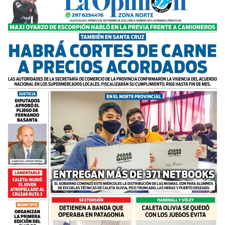 Diario La Opinión Zona Norte tapa edición impresa del viernes 9 de septiembre de 2022 Caleta Olivia, Santa Cruz, Argentina Diario La Opinión Zona Norte tapa edición impresa del viernes 9 de septiembre de 2022 Caleta Olivia, Santa Cruz, Argentina