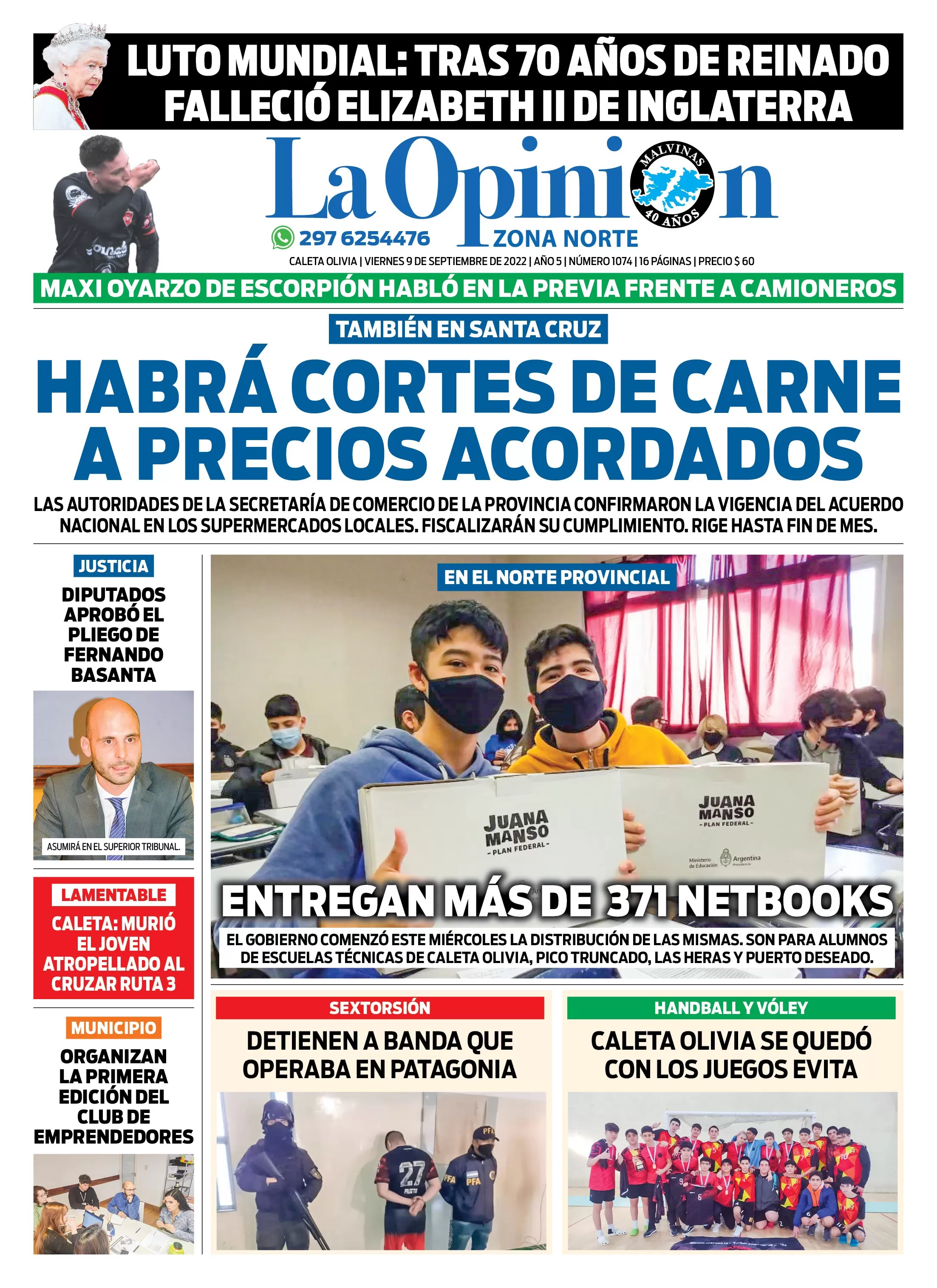 Diario La Opinión Zona Norte tapa edición impresa del viernes 9 de septiembre de 2022 Caleta Olivia, Santa Cruz, Argentina Diario La Opinión Zona Norte tapa edición impresa del viernes 9 de septiembre de 2022 Caleta Olivia, Santa Cruz, Argentina