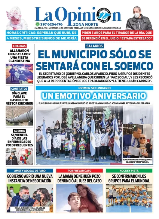 Diario La Opinión Zona Norte tapa edición impresa del miércoles 10 de agosto de 2022 Caleta Olivia, Santa Cruz, Argentina