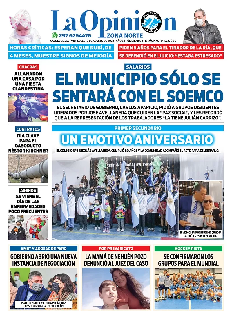 Diario La Opinión Zona Norte tapa edición impresa del miércoles 10 de agosto de 2022 Caleta Olivia, Santa Cruz, Argentina