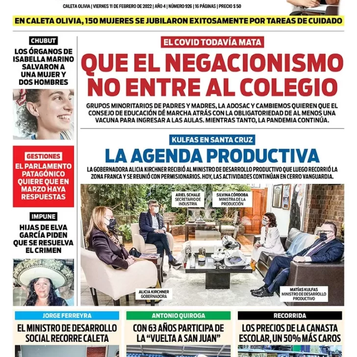 Diario La Opinión Zona Norte Tapa edición impresa del viernes 11 de febrero de 2022, Caleta Olivia, Santa Cruz, Argentina