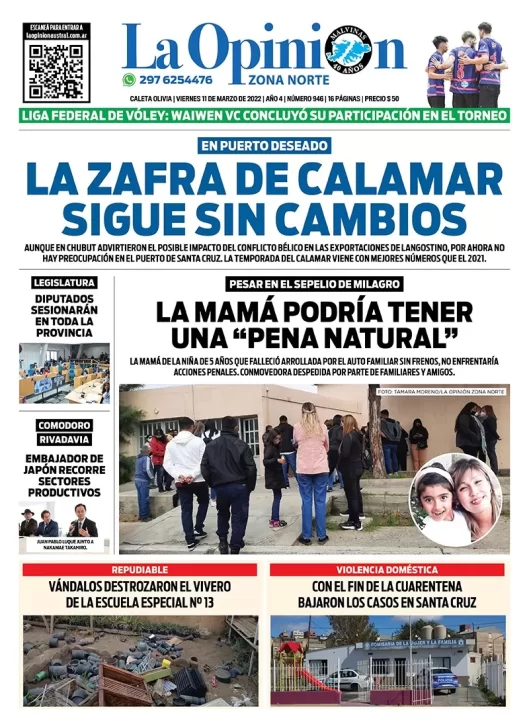 Diario La Opinión Zona Norte Tapa edición impresa del viernes 11 de marzo de 2022, Caleta Olivia, Santa Cruz, Argentina