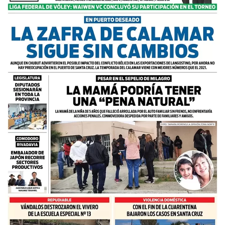 Diario La Opinión Zona Norte Tapa edición impresa del viernes 11 de marzo de 2022, Caleta Olivia, Santa Cruz, Argentina