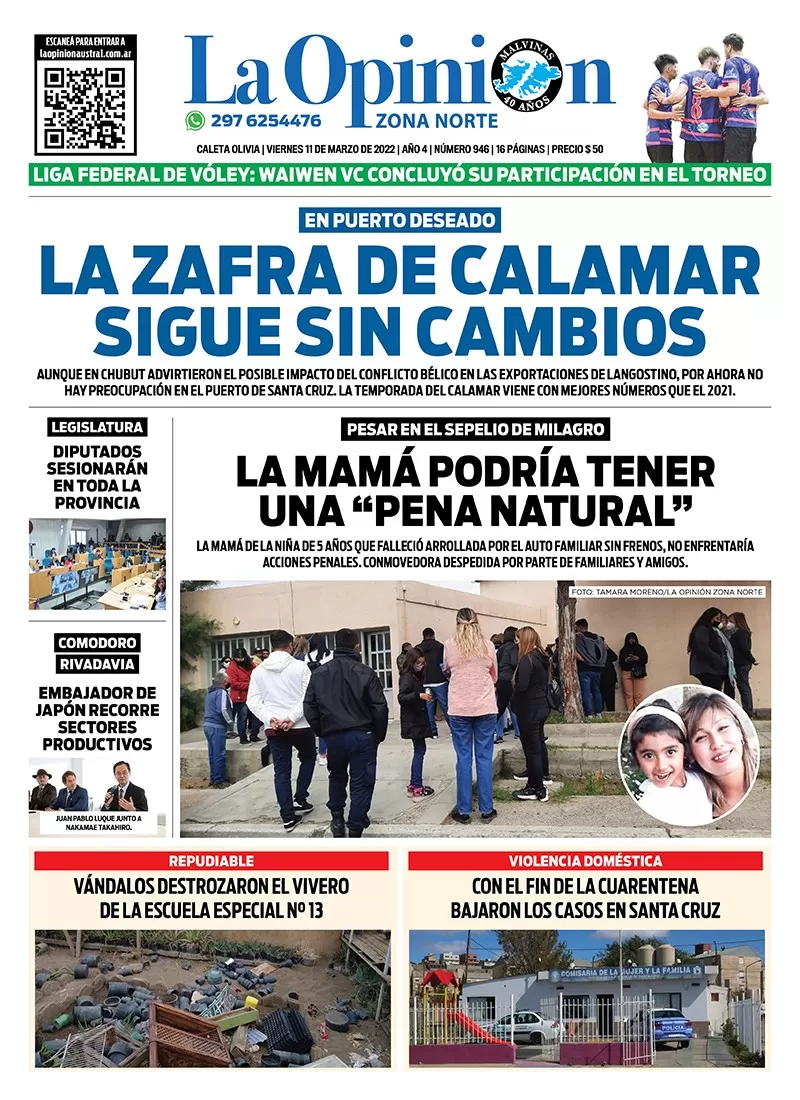 Diario La Opinión Zona Norte Tapa edición impresa del viernes 11 de marzo de 2022, Caleta Olivia, Santa Cruz, Argentina