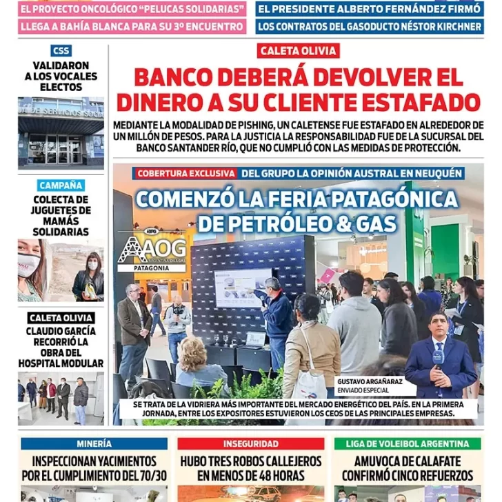Diario La Opinión Zona Norte tapa edición impresa del jueves 11 de agosto de 2022 Caleta Olivia, Santa Cruz, Argentina