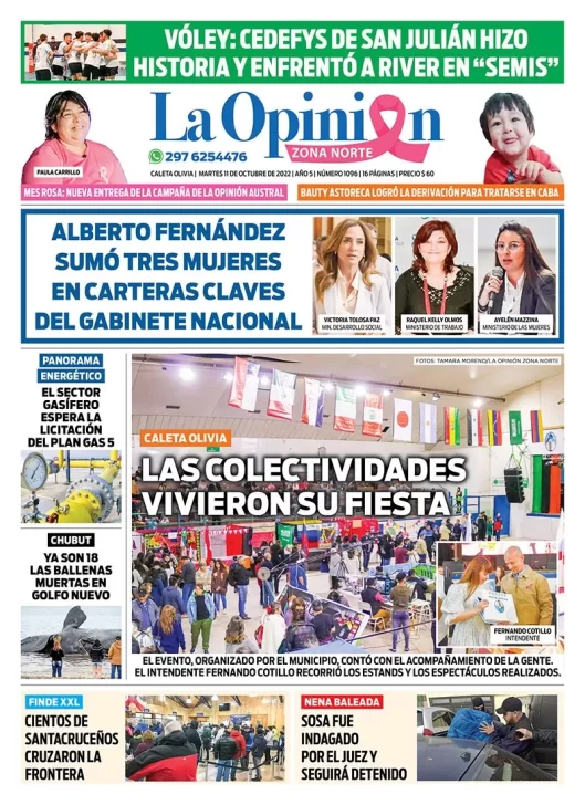 Diario La Opinión Zona Norte tapa edición impresa del martes 11 octubre de 2022 Caleta Olivia, Santa Cruz, Argentina